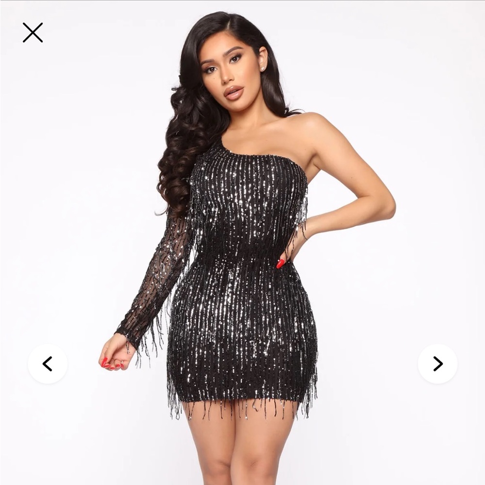 Fashion Nova Black Sequin One-Shoulder Dress